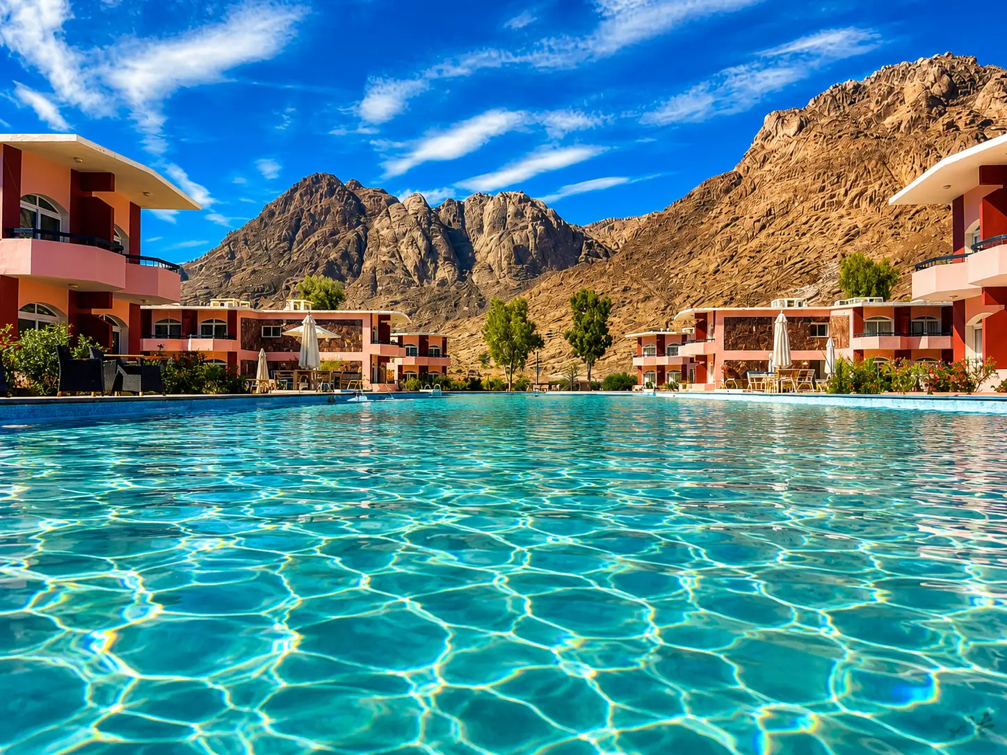 Turquoise swimming pool with the granite Sinai mountains behind the village