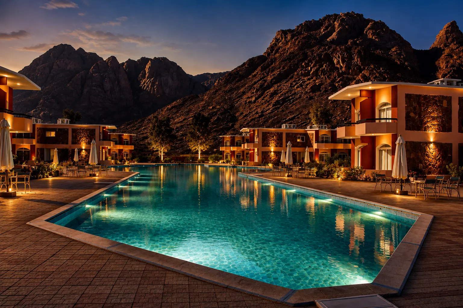 Illuminated pool and terraces at night in the mountain valley